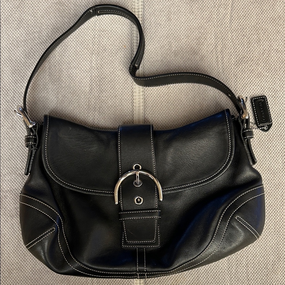 Coach Black Leather Shoulder Bag with Silver Accents